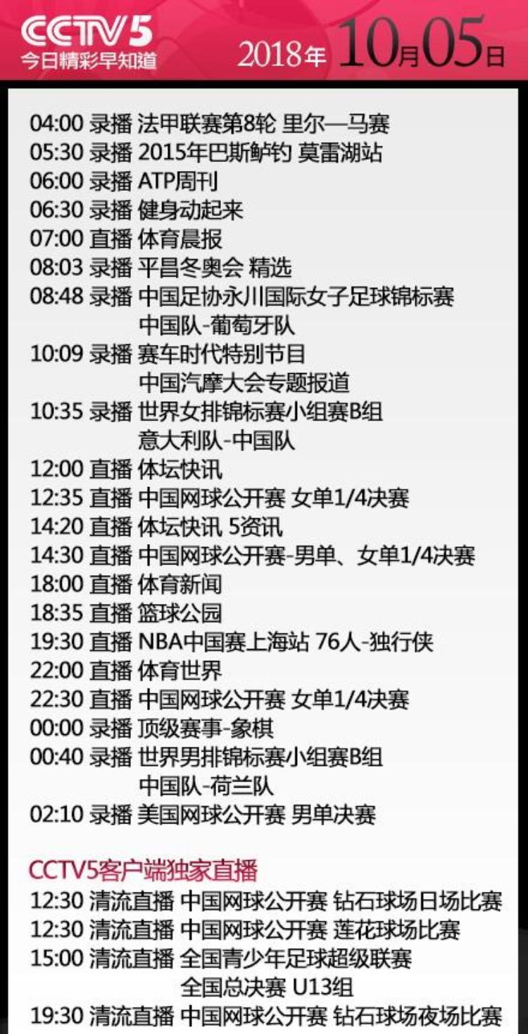 央视今日节目单CCTV5直播NBA中国赛5直播中网中超再次让路