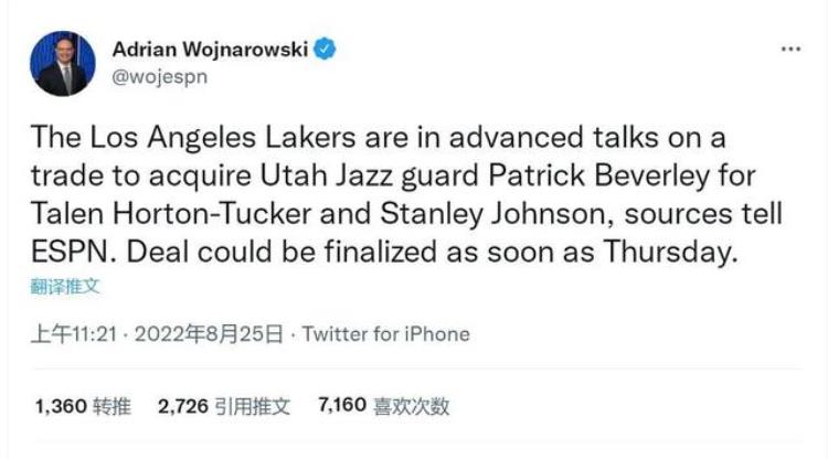 交易达成贝弗利2换1加盟湖人这是要逼走威少啊