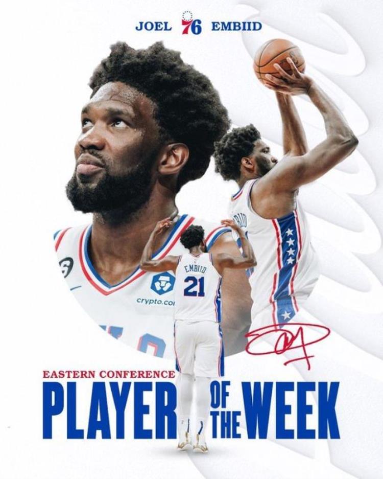 nba周最佳球员「NBA官宣周最佳恩比德上榜比肩艾弗森小萨当选浓眉布克获提名」