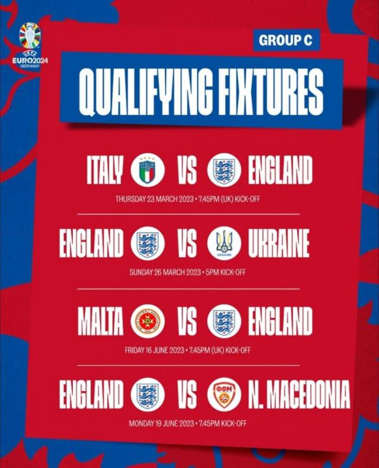 英格兰欧洲杯预选赛赛程明年3月23日10月17日对阵意大利