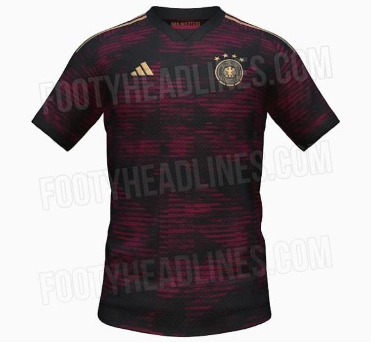 德国2022年世界杯客场球衣曝光主体黑色褐红色花纹