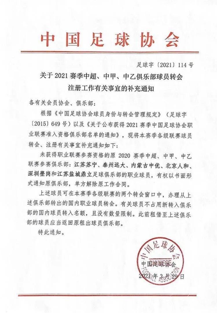 2021赛季中国足球协会职业准入资格俱乐部名单公布