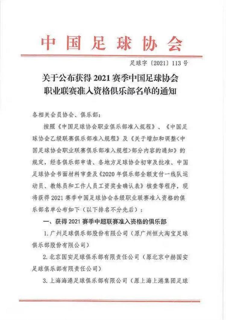 2021年中国足球职业球员注册人数「2021赛季中国足球协会职业准入资格俱乐部名单公布」