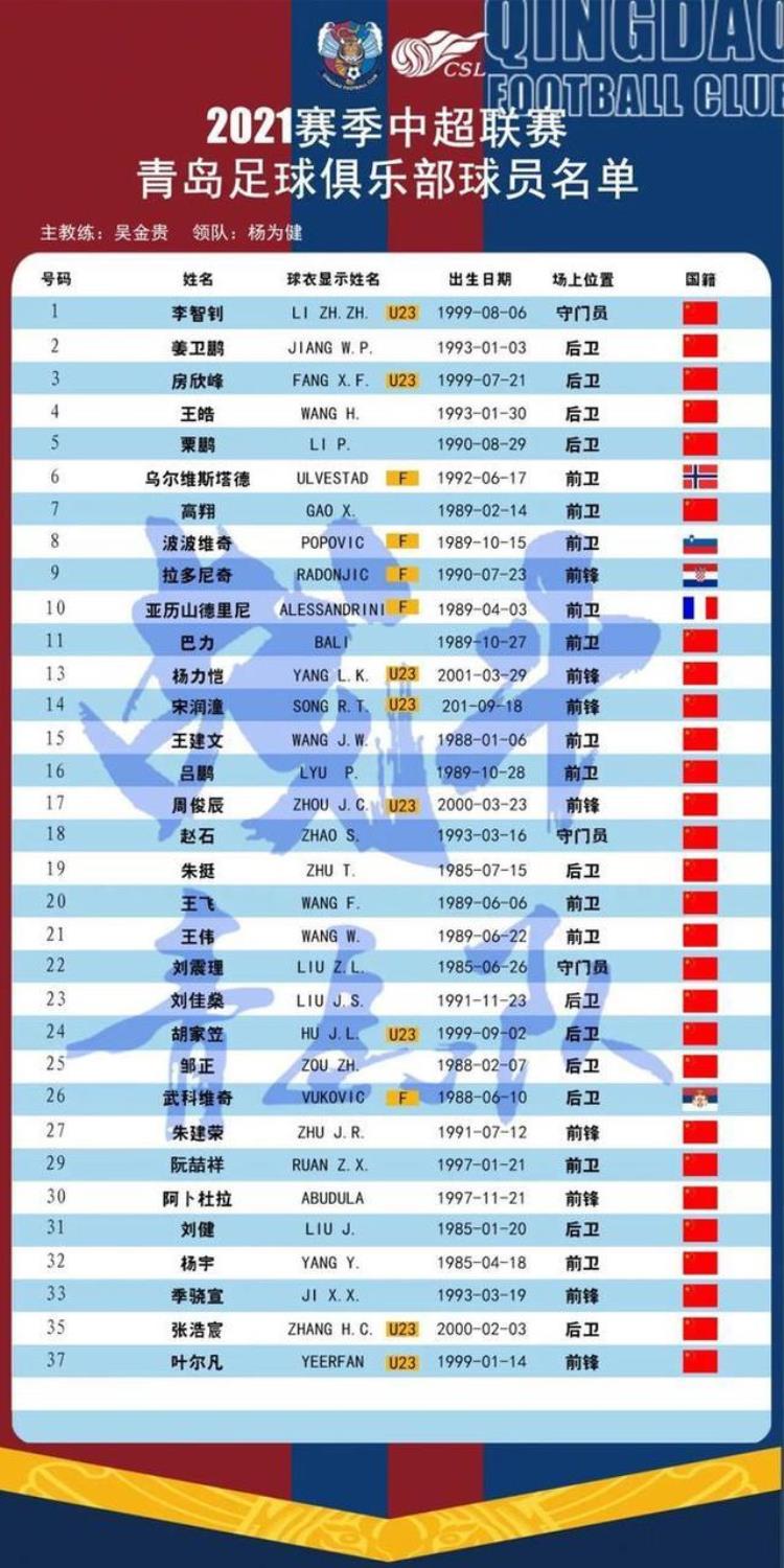 青岛队公布新赛季球队大名单鸭梨身背10号刘健栗鹏在列