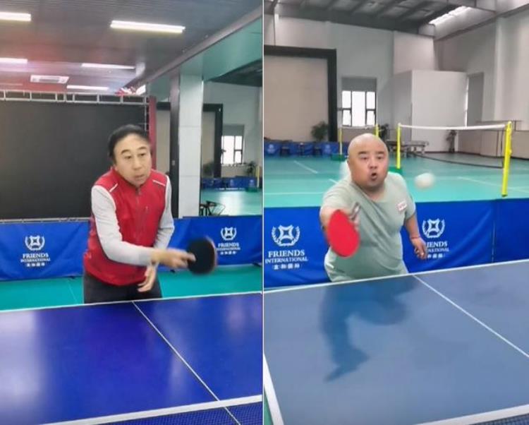 64岁冯巩和徒弟打乒乓球穿红马甲动作利落八字眉毛太搞笑
