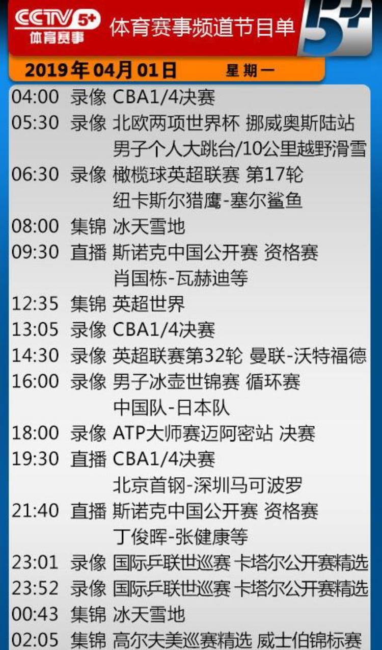 今日央视节目单CCTV5直播天下足球5直播CBA1/4决赛首钢VS深圳