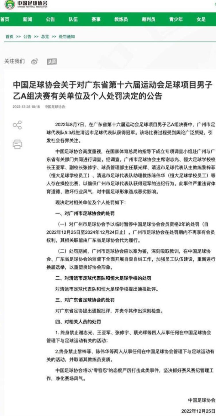 中国足协开出重磅罚单暂停广州足协会员资格两年相关6人被终身禁足
