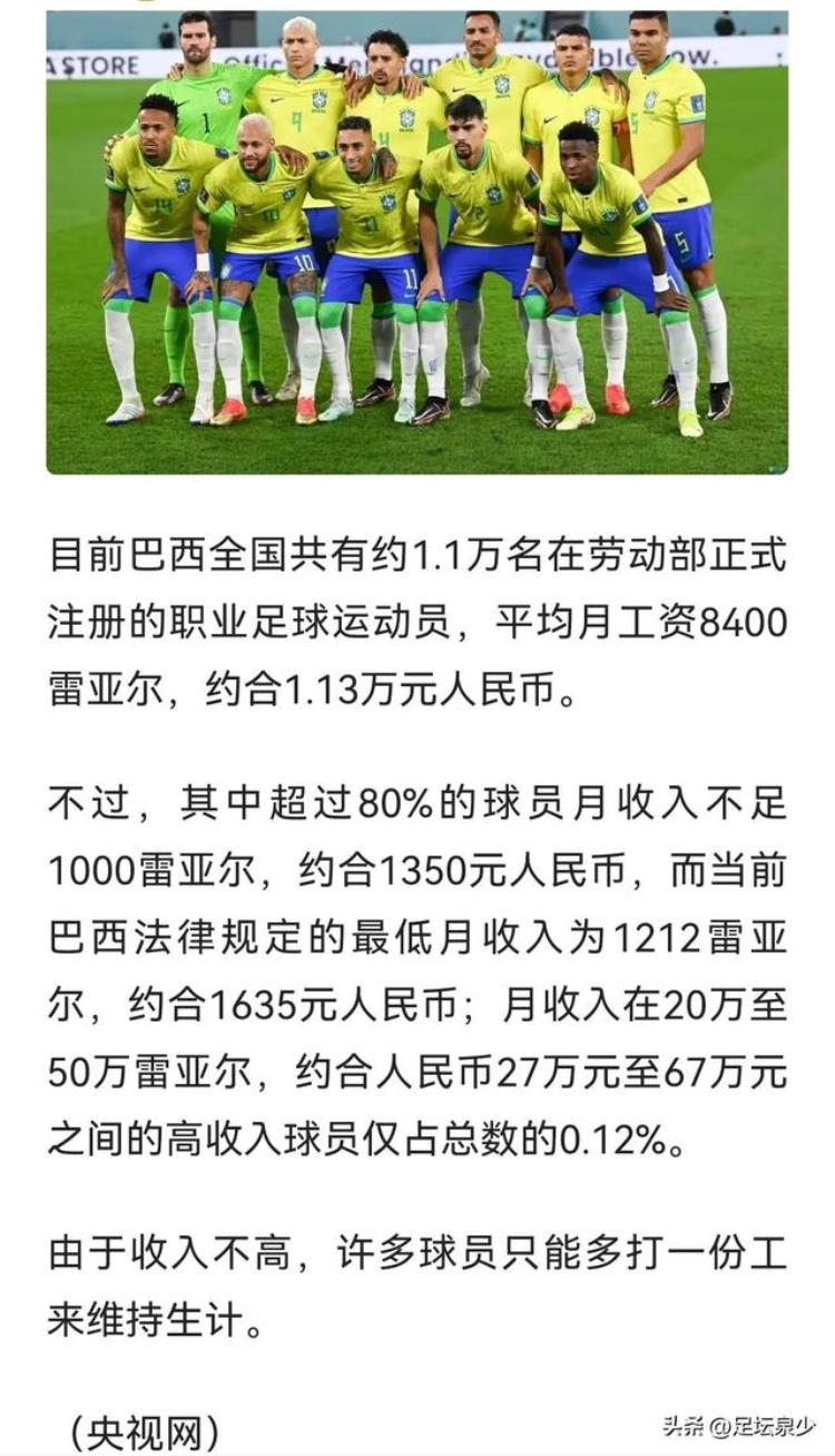 巴西球员工资「超八成巴西球员月入千元靠兼职维系梦想中国足球有何启示」